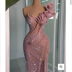 One-Shoulder Pink Sequined Maxi Dress with Ruffle Detail